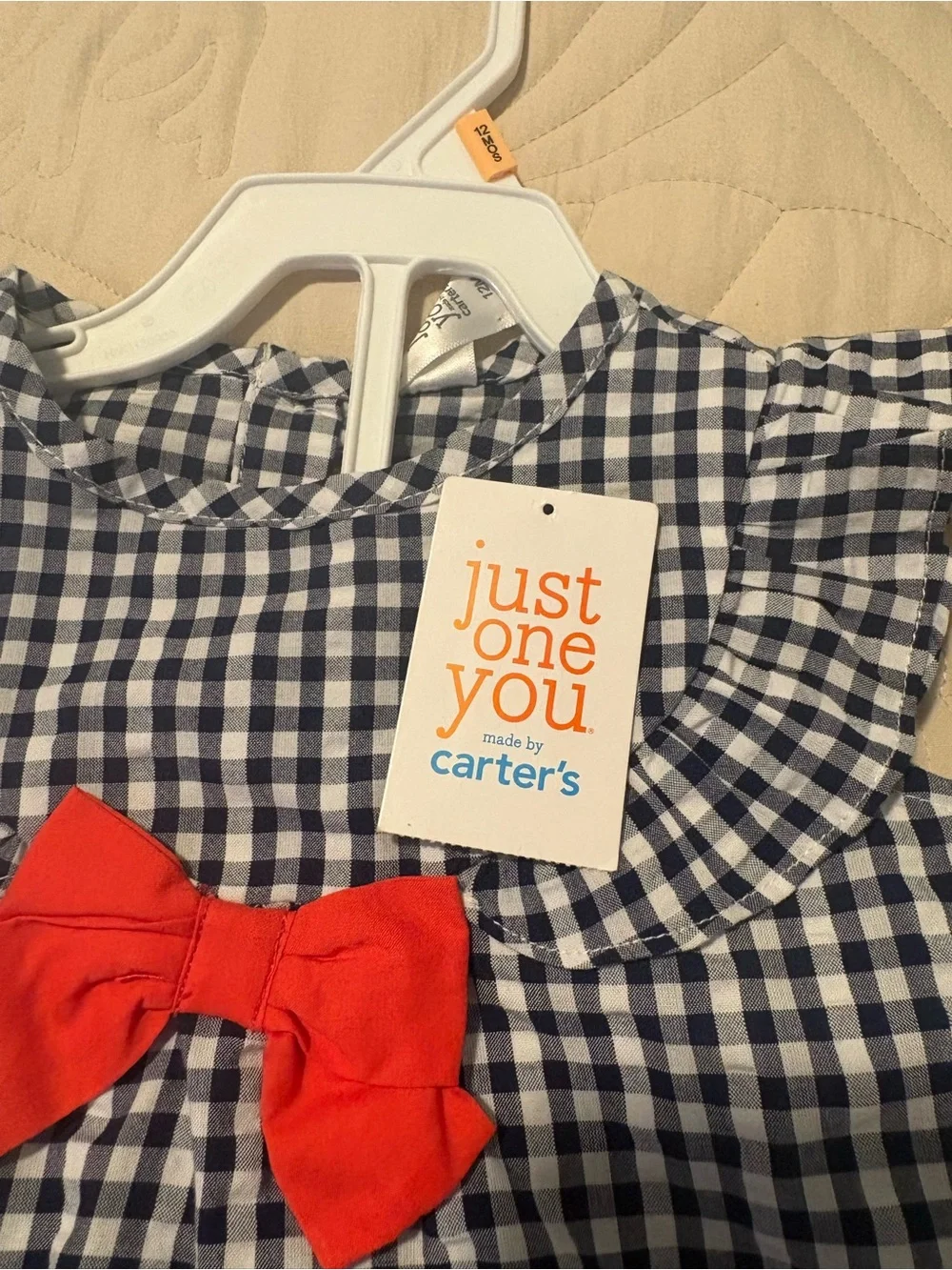 Carter's Black and White Gingham Top, Bloomers and Hat with Red Bow Accent